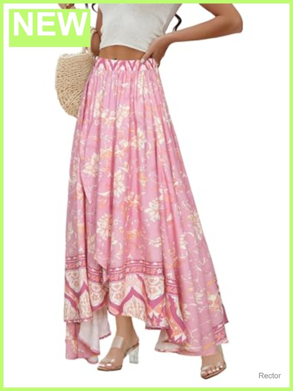 Women's Boho Maxi Skirt High Waist Flowy High-Low Slit Rayon